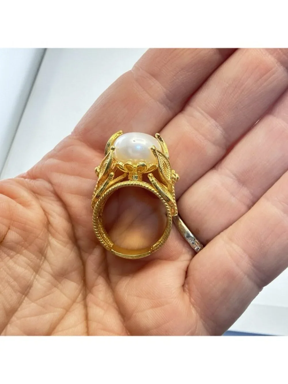 JTV Ring Pearl Sterling Silver 925 Gold Vermeil size 7 Elaborate Fancy Leaf Vine